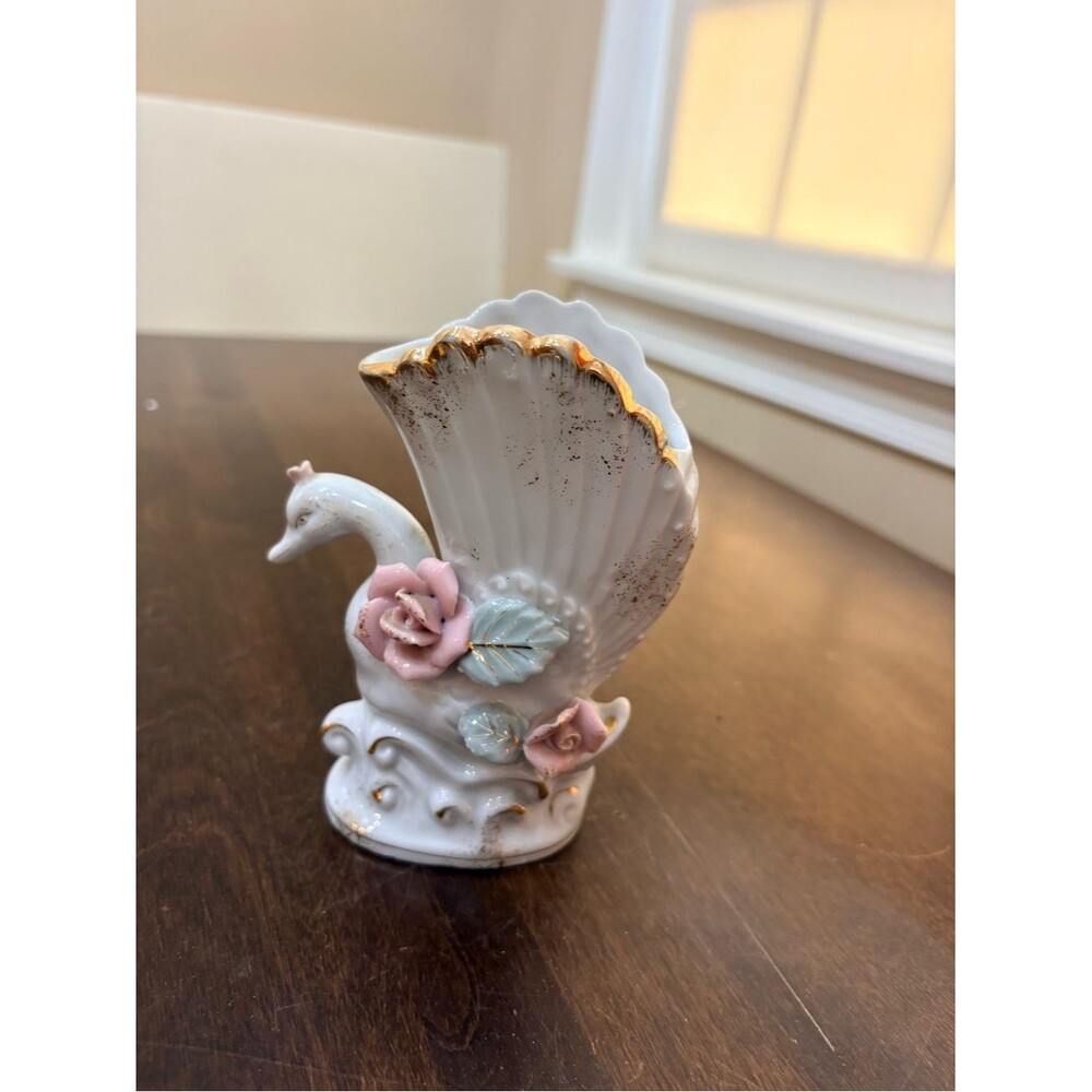 White Porcelain Swan Vase with Pink Floral Accents
